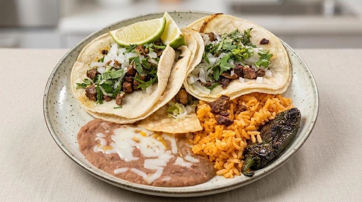 Carne asada tacos with rice and beans